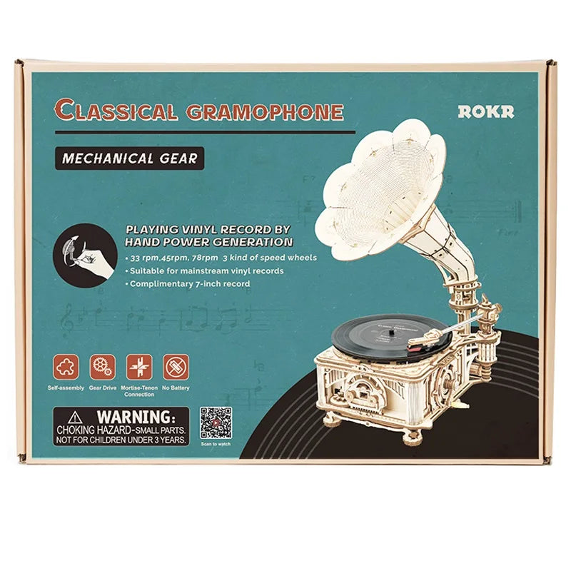 Robotime Hand Crank Gramophone Wooden Model Kit 424 Pieces