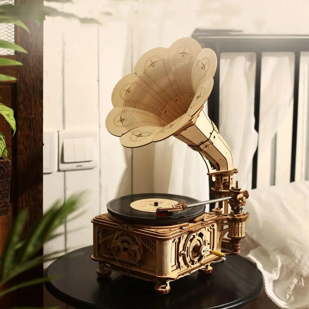 Robotime Hand Crank Gramophone Wooden Model Kit 424 Pieces