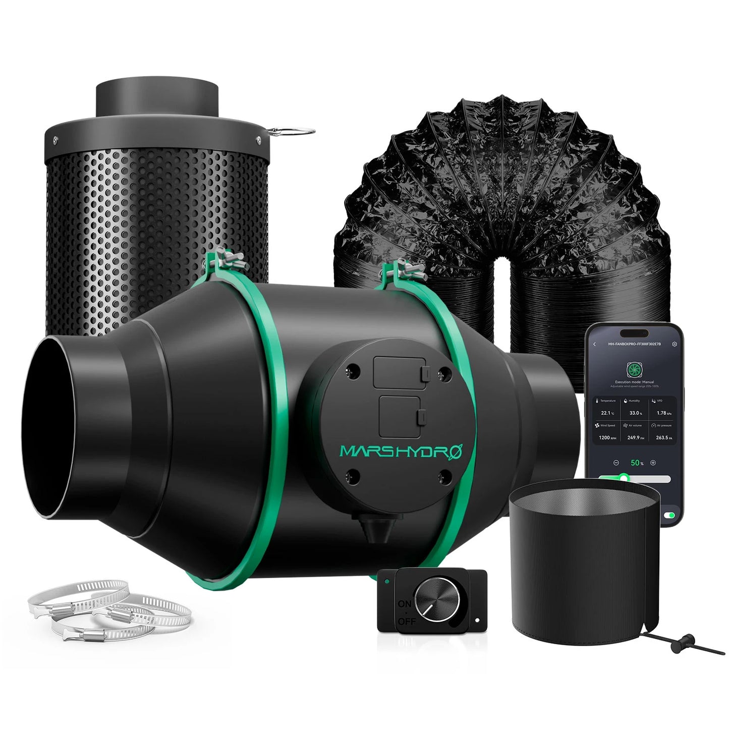 MarsHydro Smart Inline Ducting Fan Kit Carbon Filter