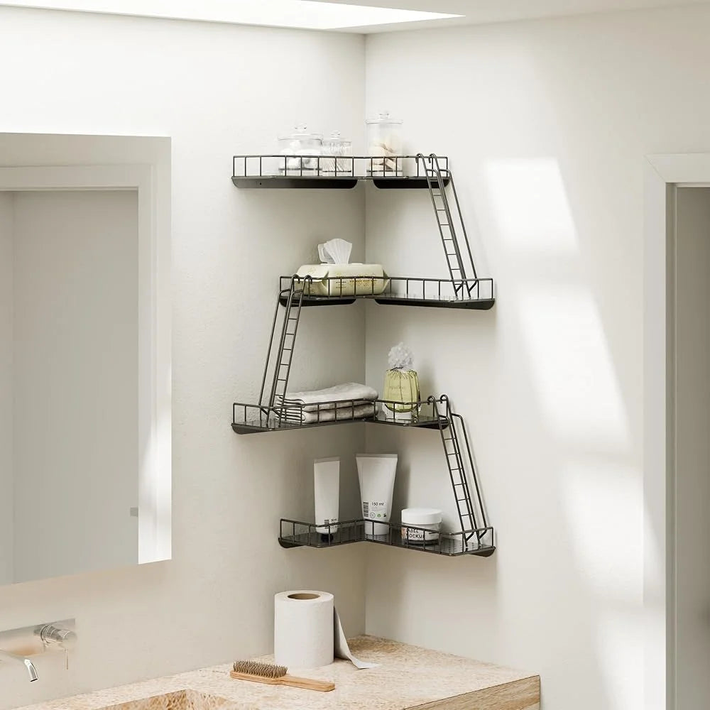 High Concerned 4 Tier Metal Ladder Corner Wall Shelf Space Saving Modern Home Decor Storage Solution Easy Install