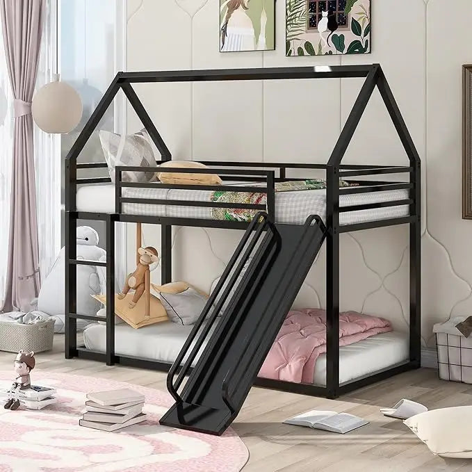 Twin Over Twin Metal Bunk Bed With Slide And Guardrail