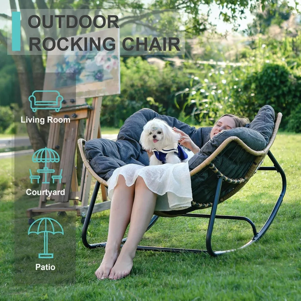 HUANZHUANG Outdoor Papasan Rocking Chair Wicker Lounge Patio