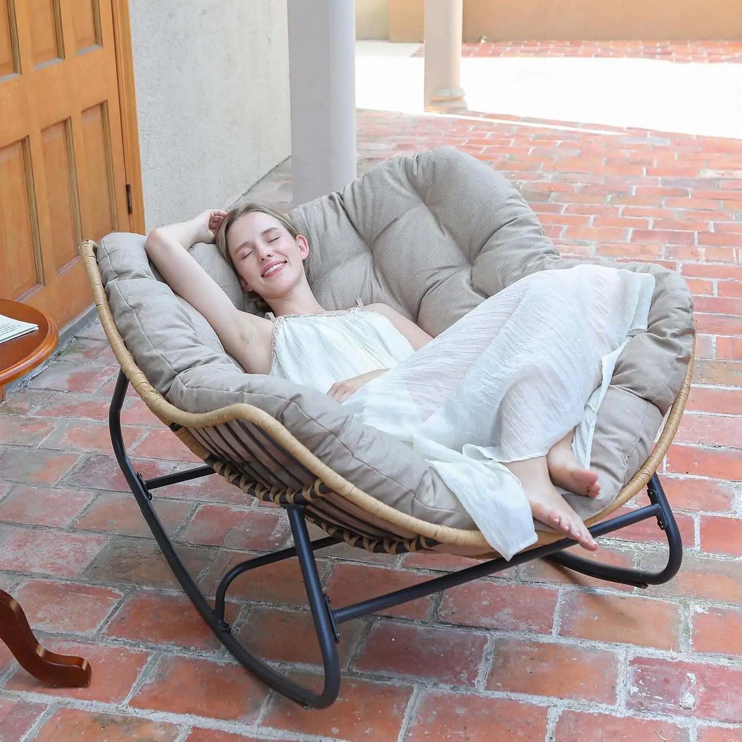 HUANZHUANG Outdoor Papasan Rocking Chair Wicker Lounge Patio