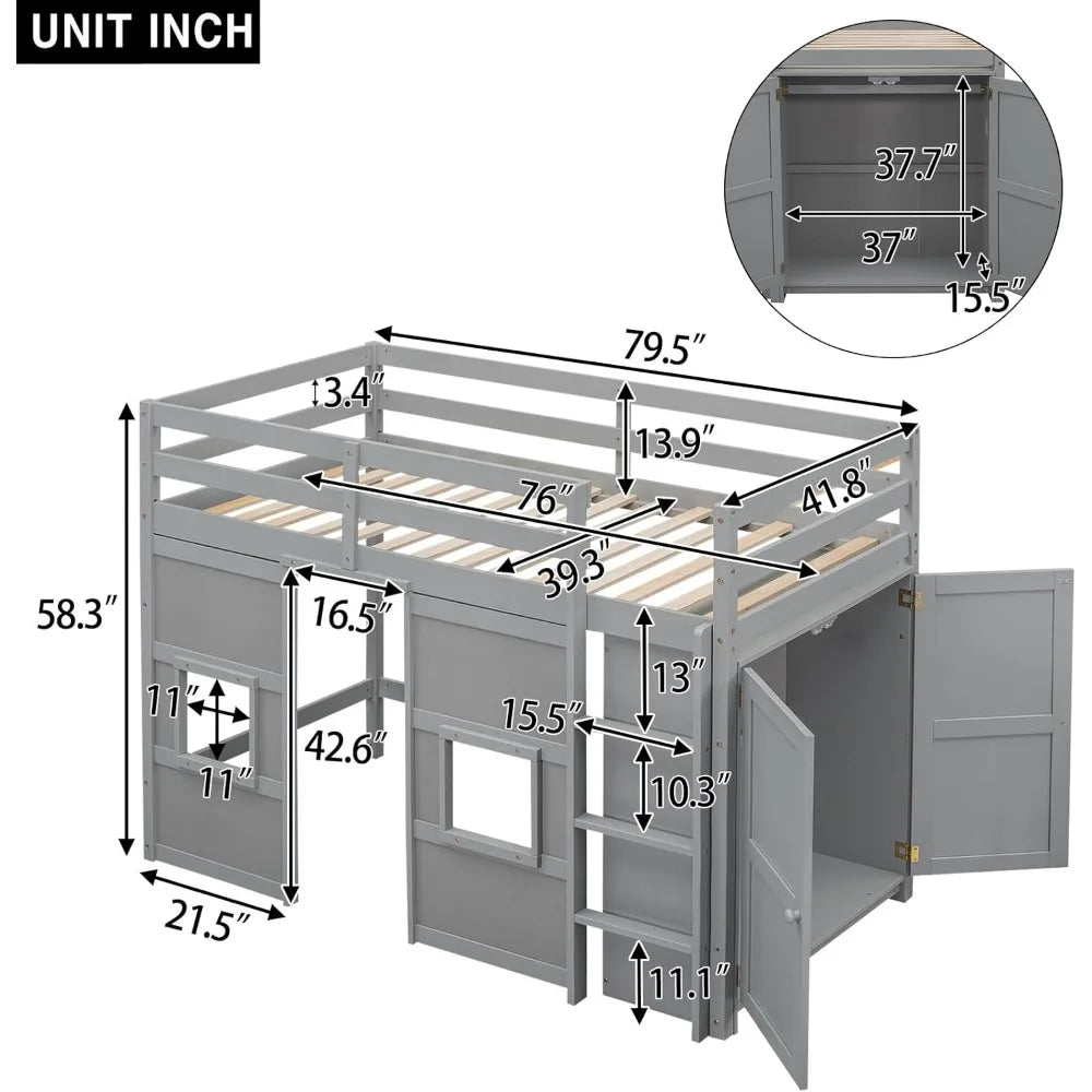 Merax Wood Loft Bed With Storage Wardrobe And 2 Windows