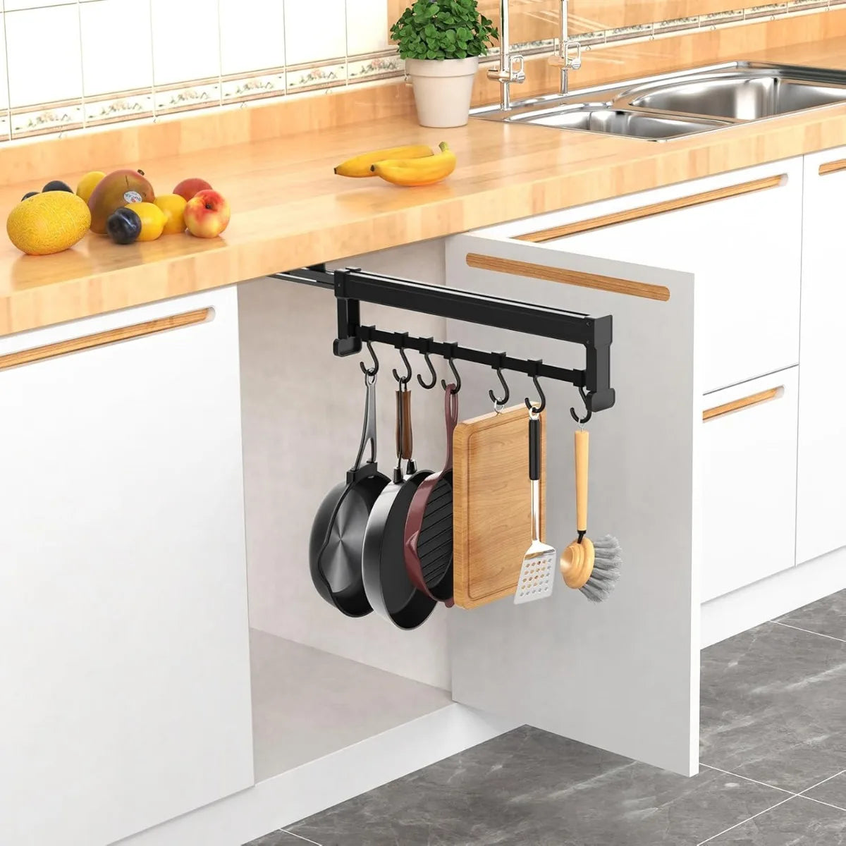 Adjustable Pot Rack With 7 Hooks Pull Out Pan Organizer