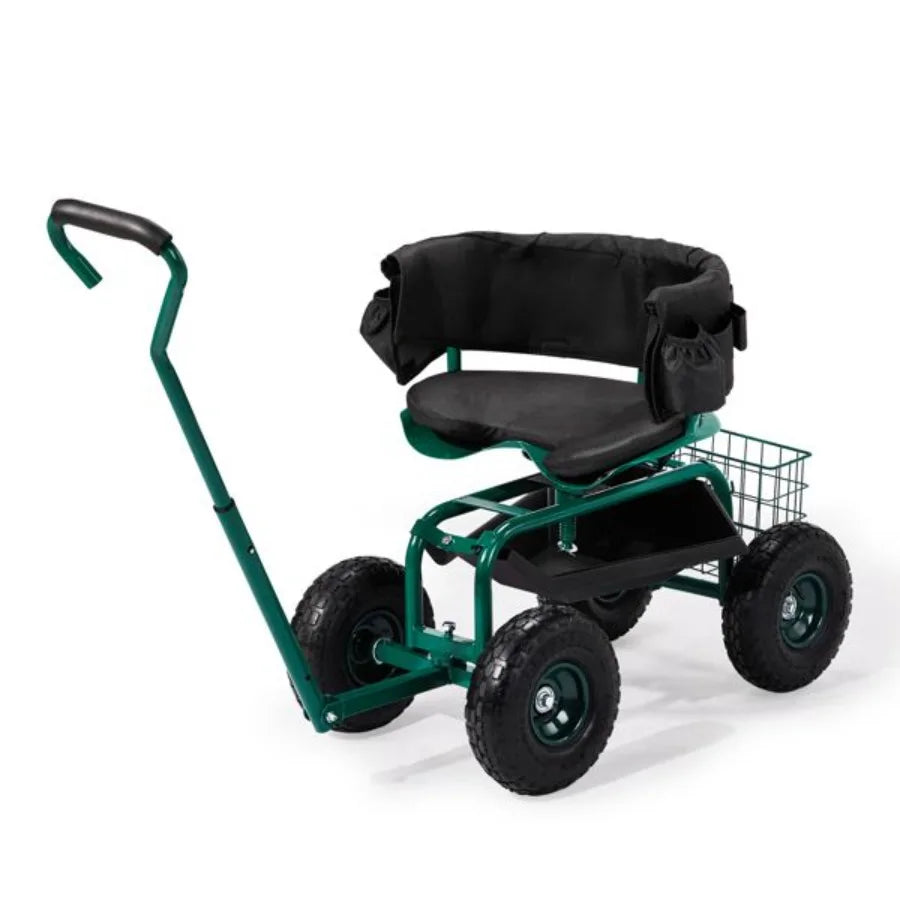 Rolling Garden Cart With Cushioned Backrest And Swivel Seat