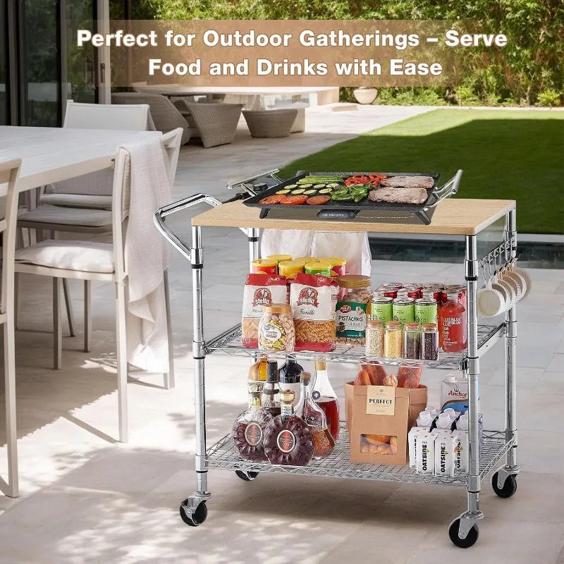 HUANHUI 3 Tier Rolling Kitchen Cart Wood Tabletop Wheels