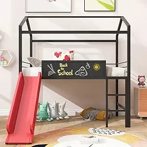 Twin Over Twin Metal Bunk Bed With Slide And Guardrail