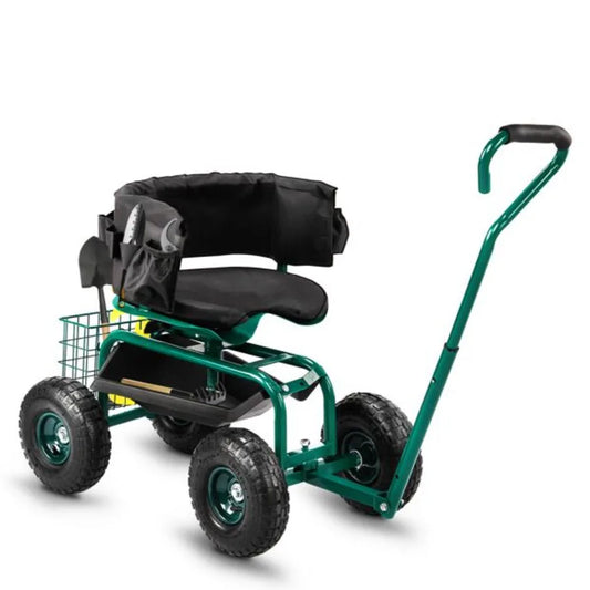 Rolling Garden Cart With Cushioned Backrest And Swivel Seat
