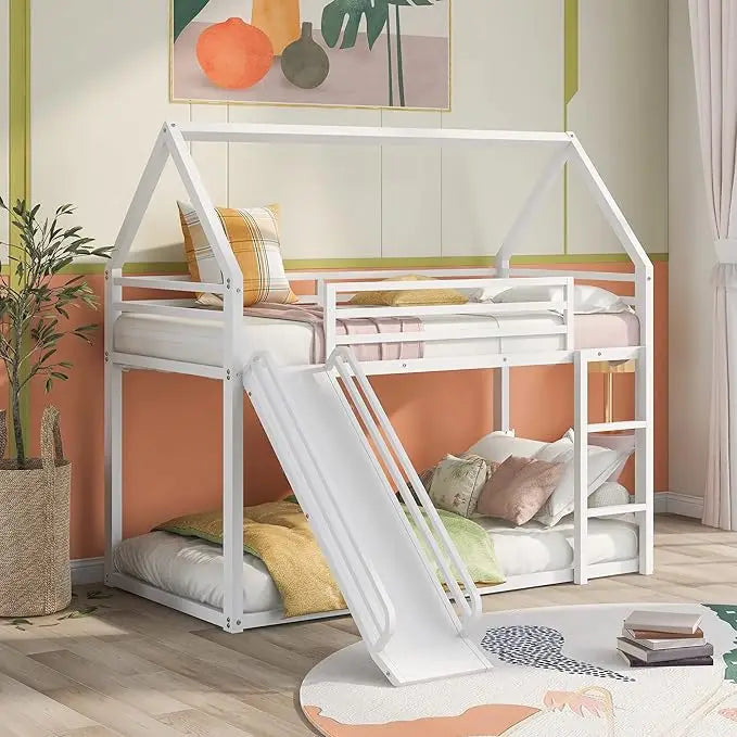 Twin Over Twin Metal Bunk Bed With Slide And Guardrail
