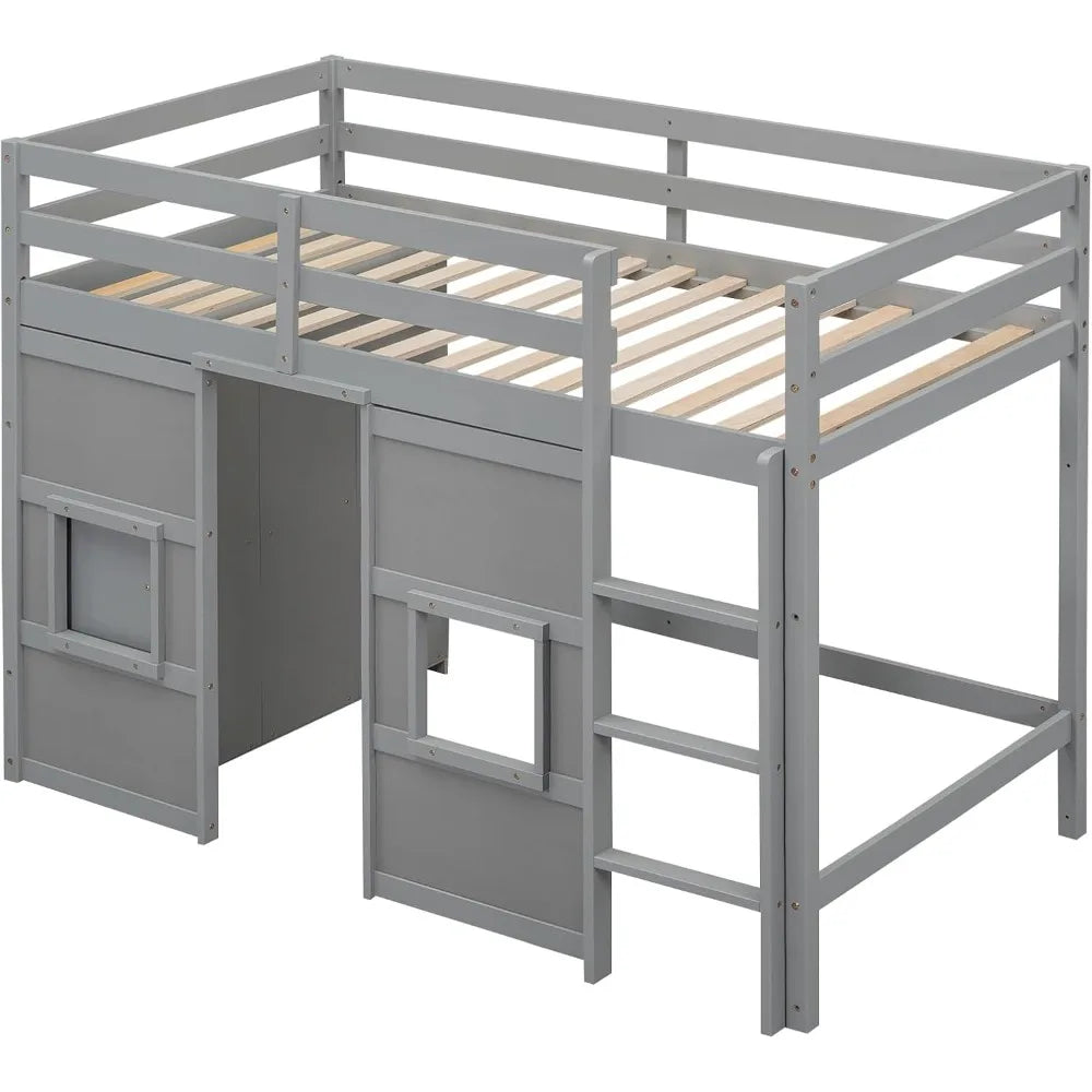 Merax Wood Loft Bed With Storage Wardrobe And 2 Windows