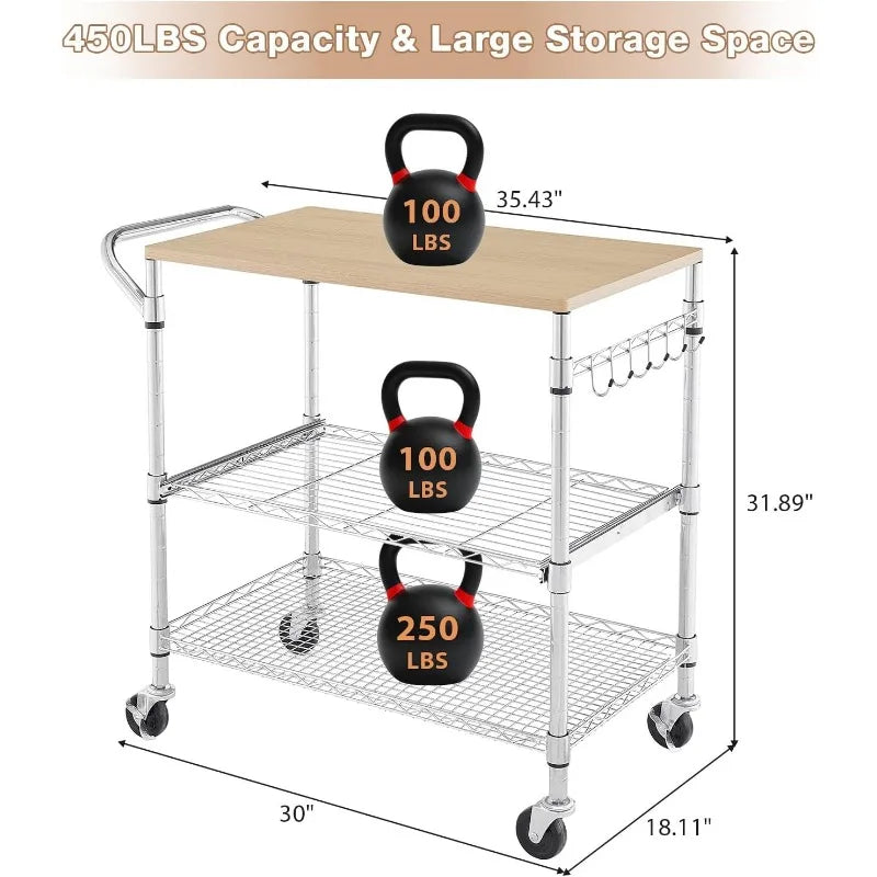 HUANHUI 3 Tier Rolling Kitchen Cart Wood Tabletop Wheels