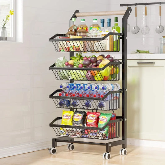 Snack Cart With Wheels 4 Tier Adjustable Fruit Rack