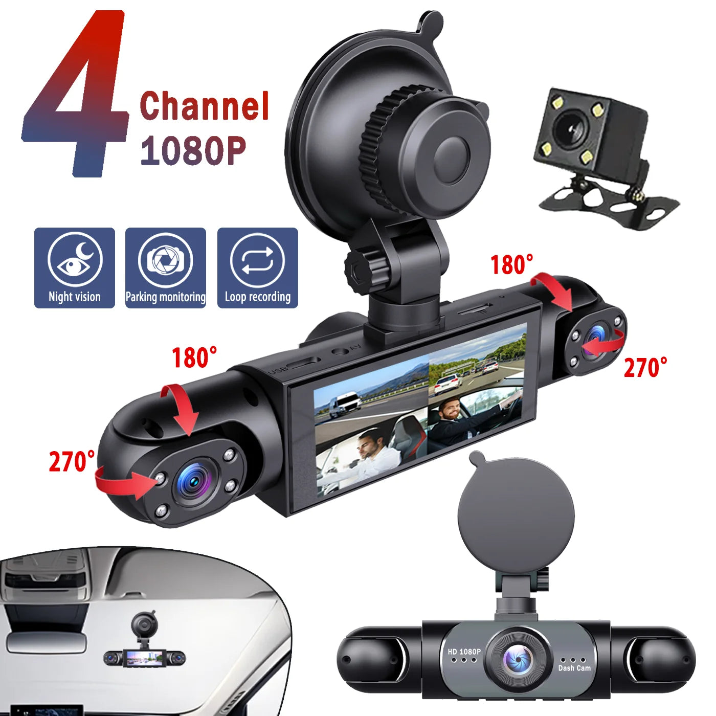 Hoemyer 1080P 4 Channel Car DVR With Night Vision Display
