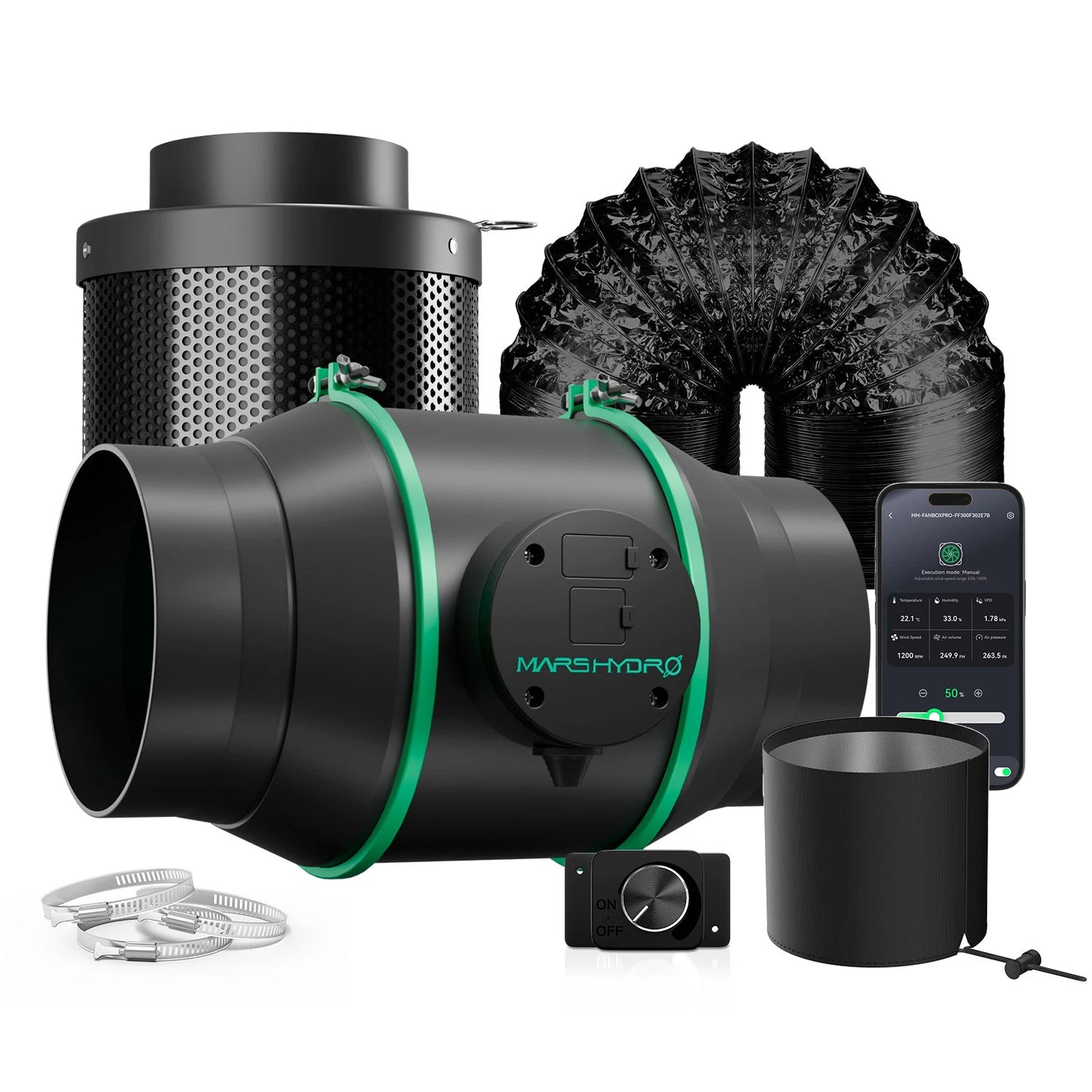MarsHydro Smart Inline Ducting Fan Kit Carbon Filter