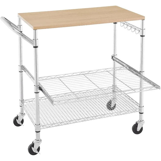 HUANHUI 3 Tier Rolling Kitchen Cart Wood Tabletop Wheels