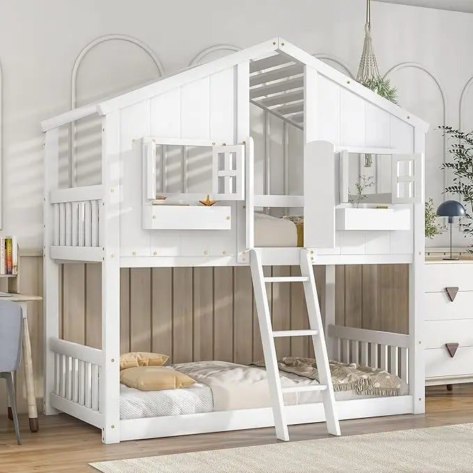 Twin Over Twin Bunk Bed With Drawers And Shelf Playhouse