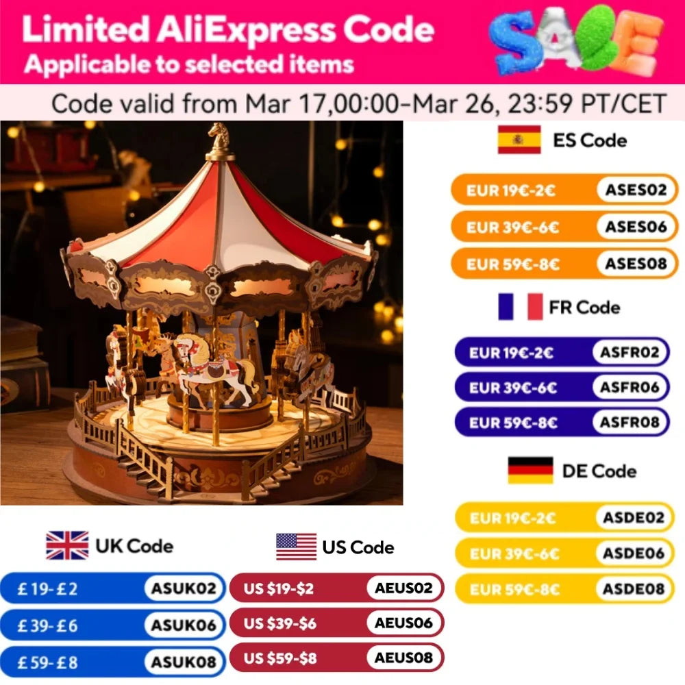 Robotime Carousel 3D Wooden Puzzle Music Box LED Lights