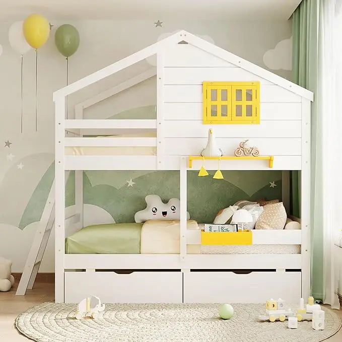 Twin Over Twin Bunk Bed With Drawers And Shelf Playhouse