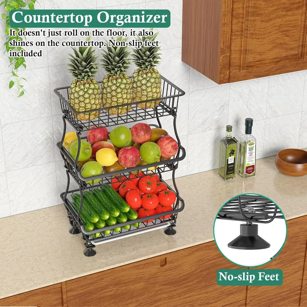Pantry Organizer Cart With Wheels Stackable Wire Baskets