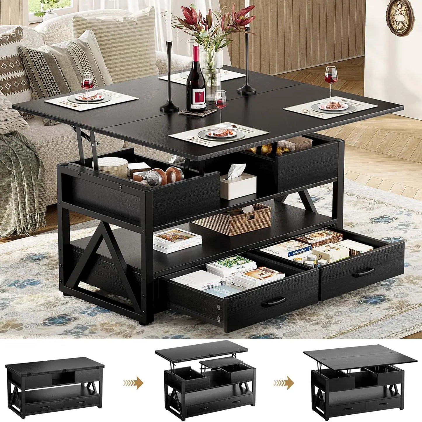 ZHUXIANG 4-In-1 Lift Top Coffee Table With Storage Drawers