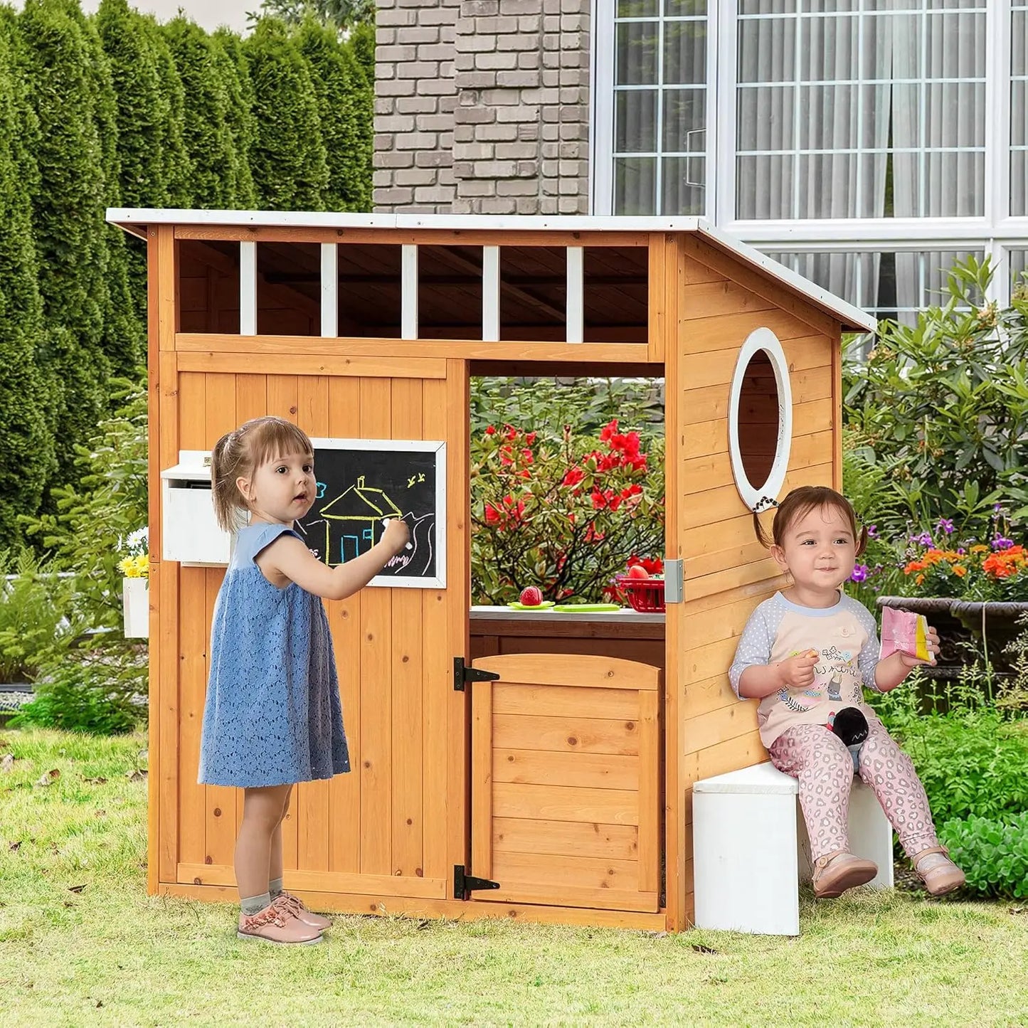 XMSJ Wooden Kids Playhouse Outdoor With Working Door