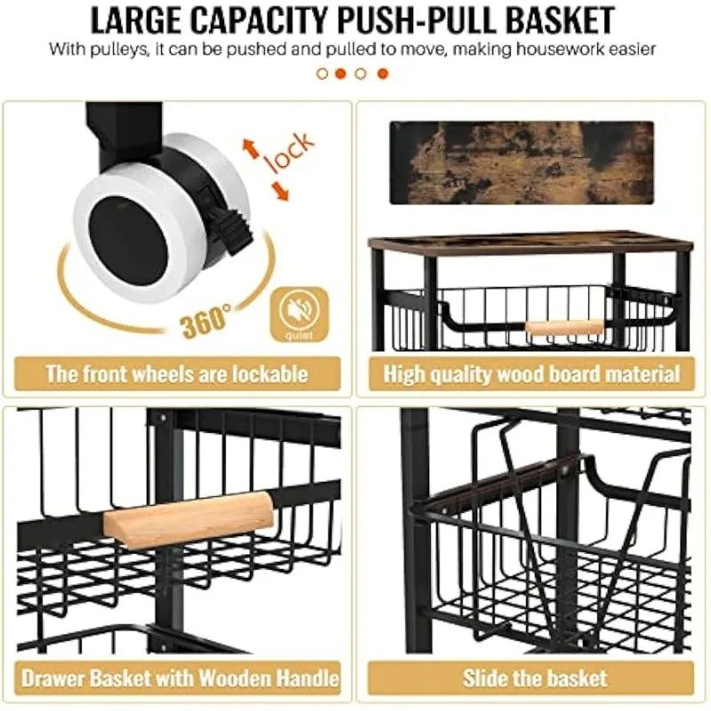 HUANHUI Five Tier Rolling Storage Cart With Wheels Mobile