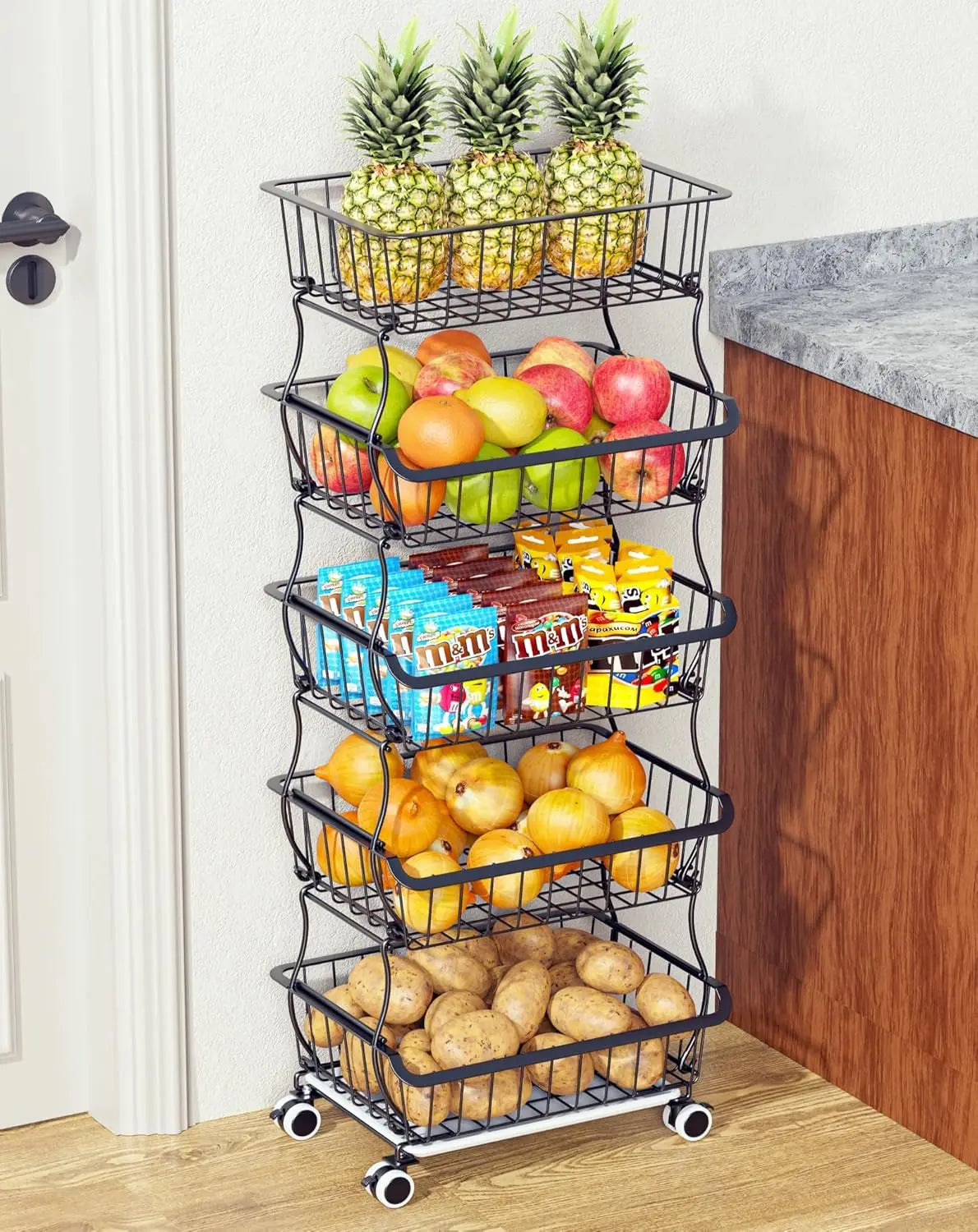 Pantry Organizer Cart With Wheels Stackable Wire Baskets