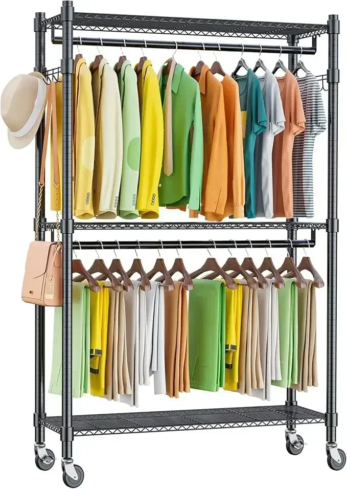 HUANZHUANG Mobile Wardrobe Rack With 3 Shelves And Side Hooks