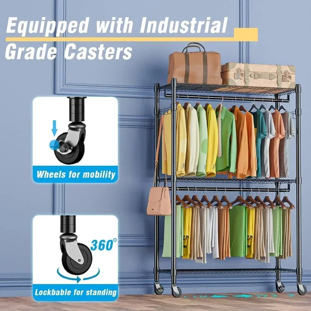 HUANZHUANG Mobile Wardrobe Rack With 3 Shelves And Side Hooks