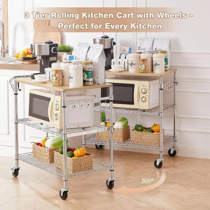 HUANHUI 3 Tier Rolling Kitchen Cart Wood Tabletop Wheels