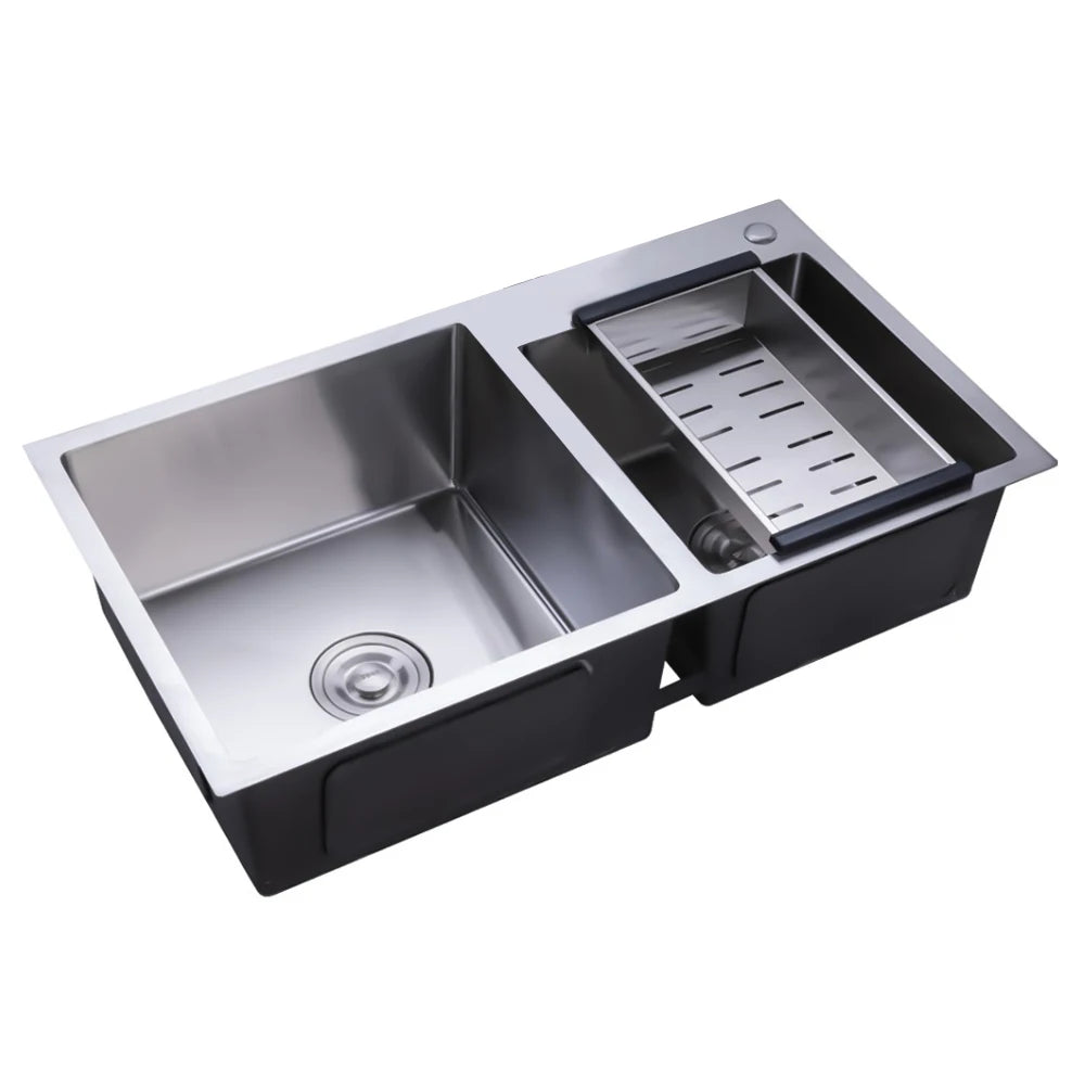 Downpipe Stainless Steel Double Bowl Kitchen Sink Anti Corrosion Basket
