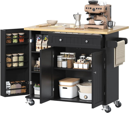 XMSJ Kitchen Island With Drop Leaf On Wheels And Storage