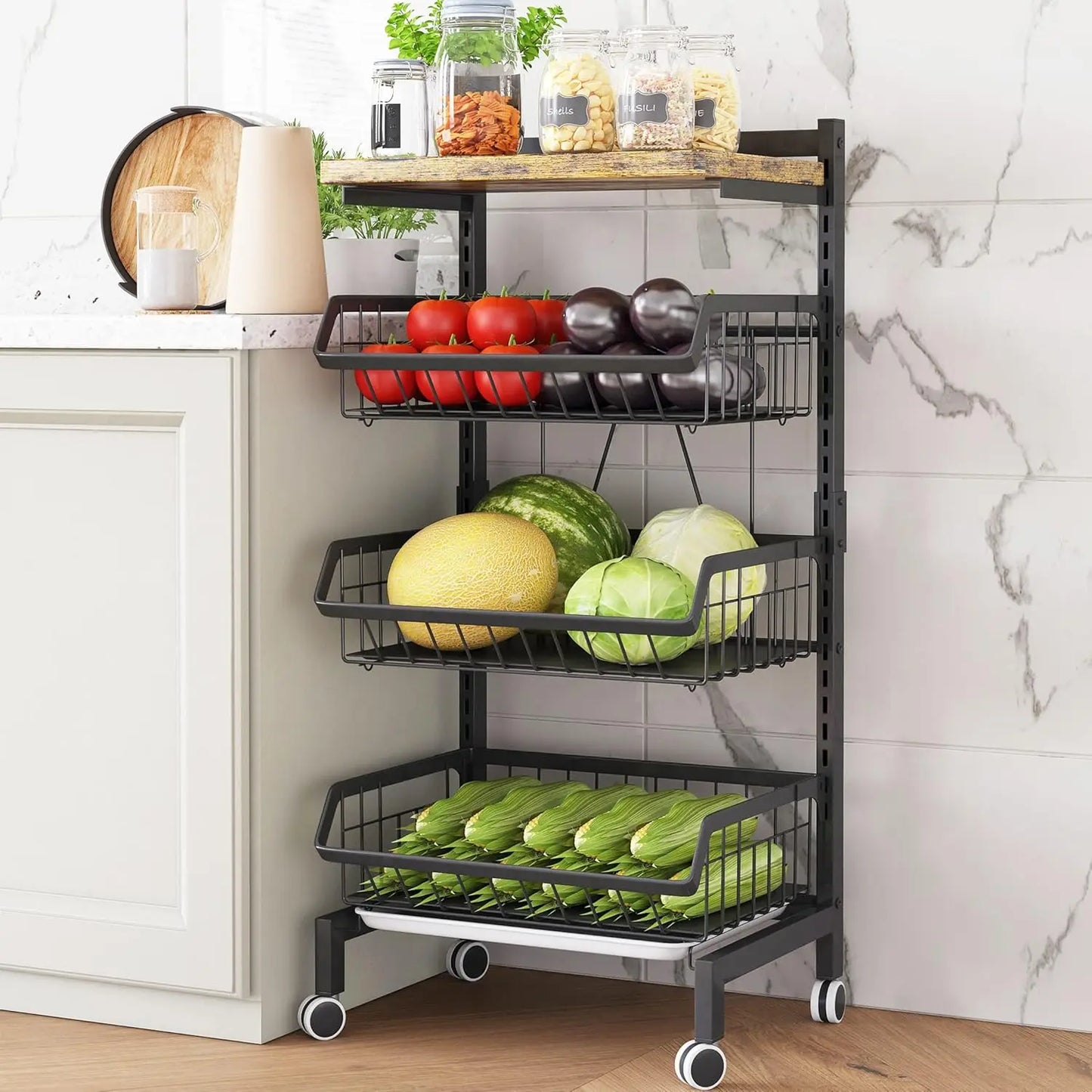 Snack Cart With Wheels 4 Tier Adjustable Fruit Rack