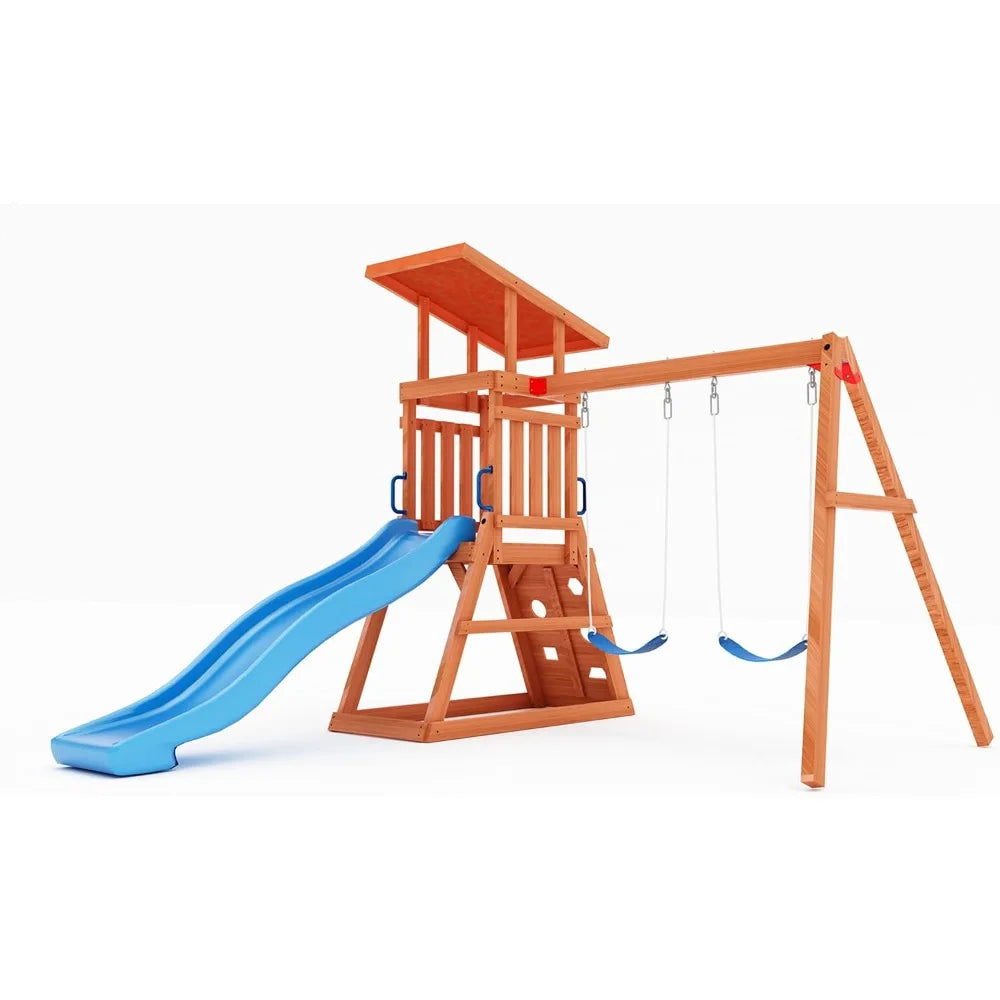 Wooden Backyard Swing Set With Sand Pit And Climbing Wall