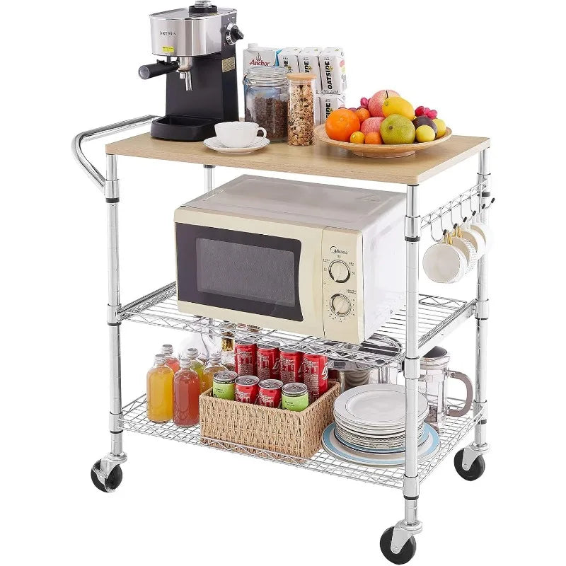 HUANHUI 3 Tier Rolling Kitchen Cart Wood Tabletop Wheels