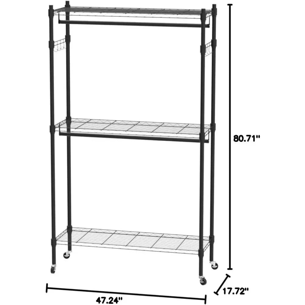 HUANZHUANG Mobile Wardrobe Rack With 3 Shelves And Side Hooks