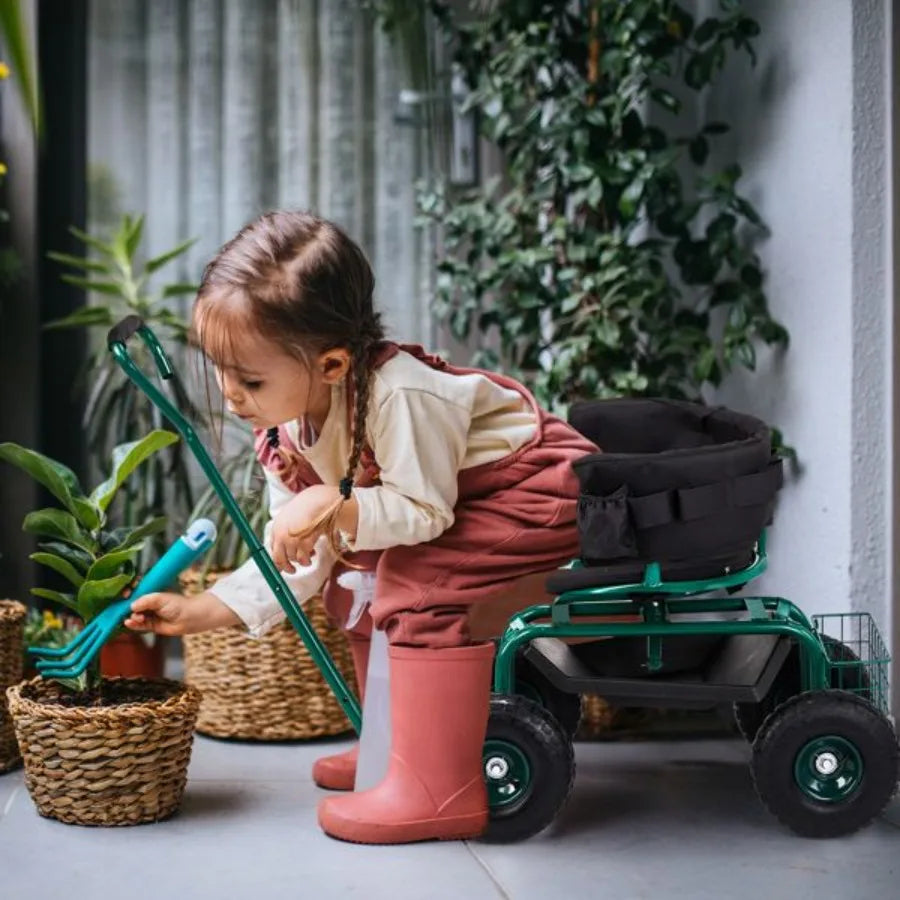 Rolling Garden Cart With Cushioned Backrest And Swivel Seat