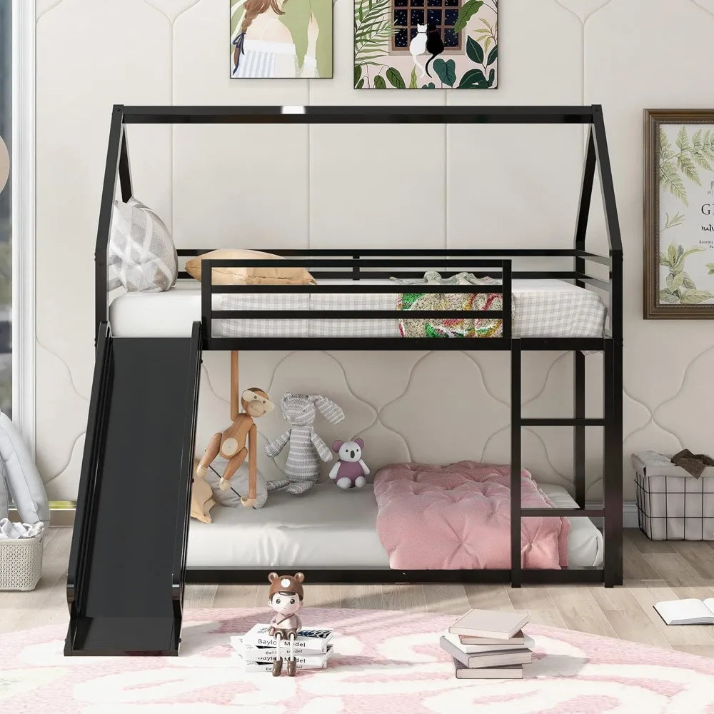 Twin Over Twin Metal Bunk Bed With Slide And Guardrail