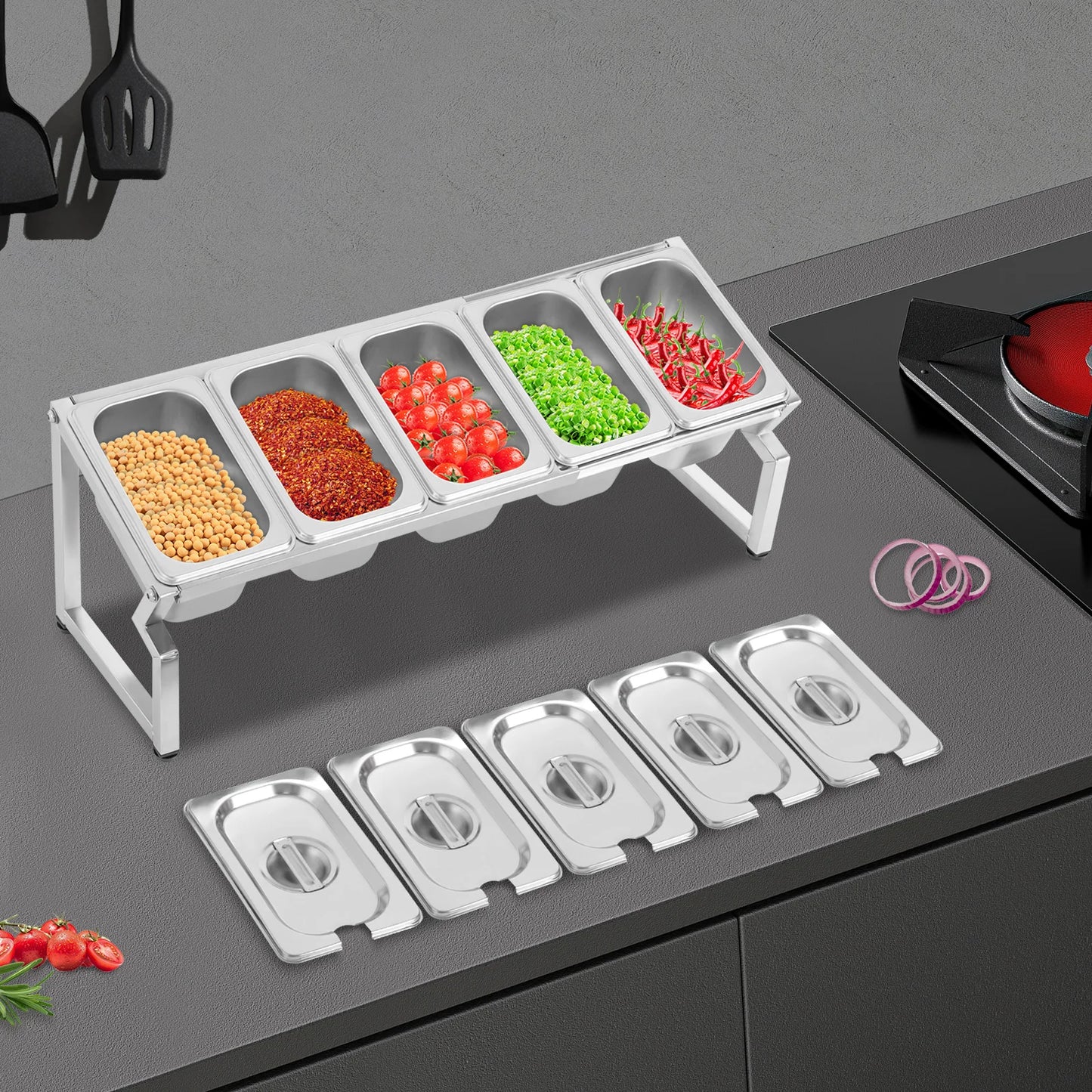 Stainless Steel Spice Rack With 5 Pans And Adjustable Length