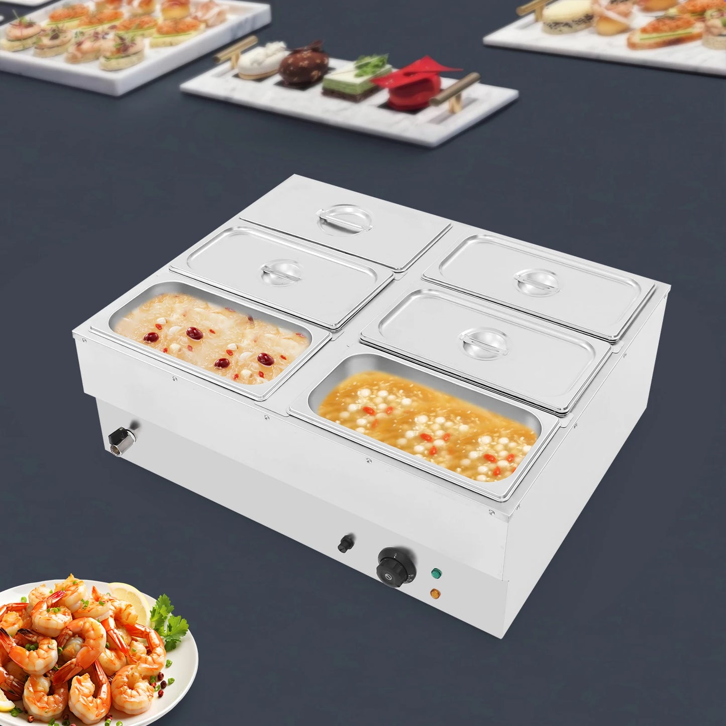 Bymaocar 1500W Countertop Stainless Steel Soup Warmer 6 Pan