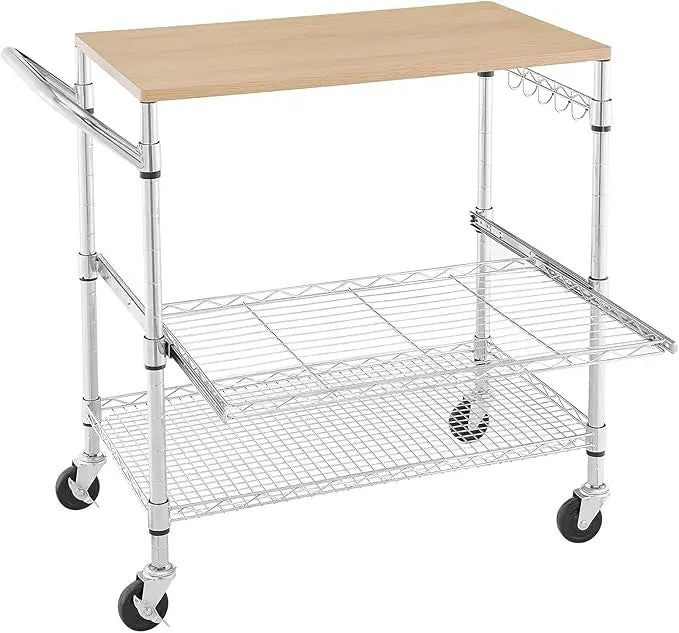 HUANHUI 3 Tier Rolling Kitchen Cart Wood Tabletop Wheels