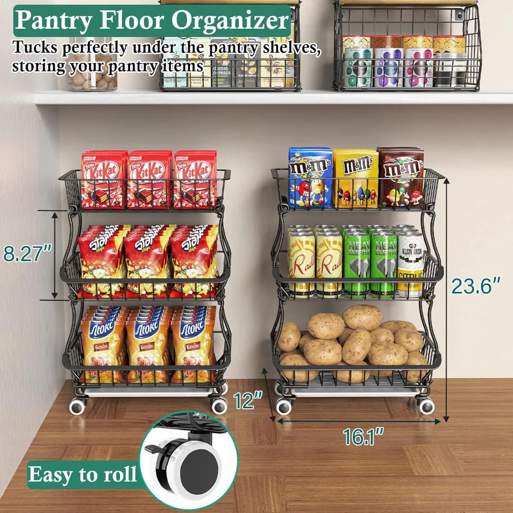 Pantry Organizer Cart With Wheels Stackable Wire Baskets