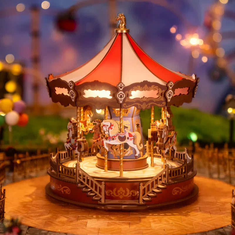 Robotime Carousel 3D Wooden Puzzle Music Box LED Lights