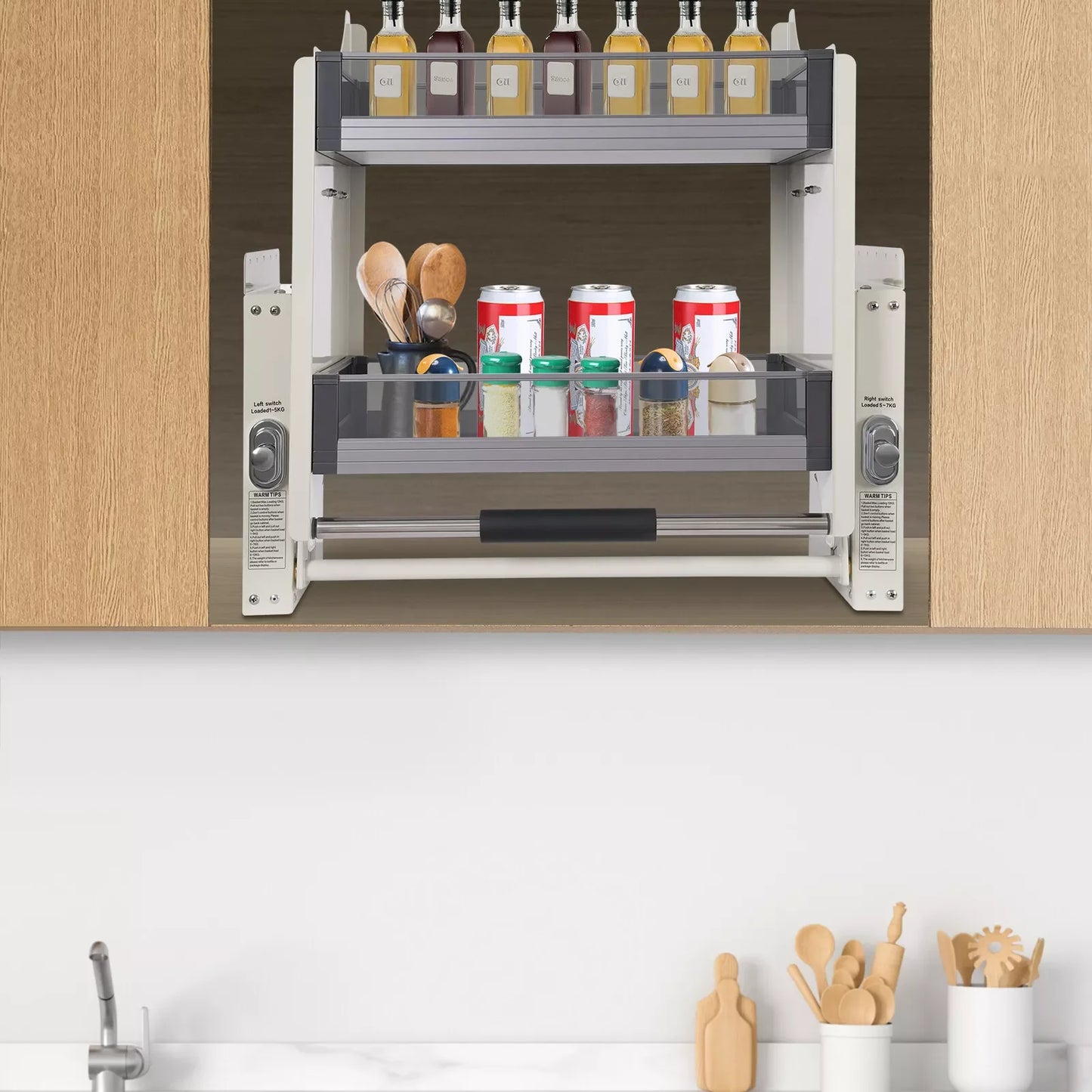 Two Tier Kitchen Pull Down Shelf Upper Cabinet Organizer