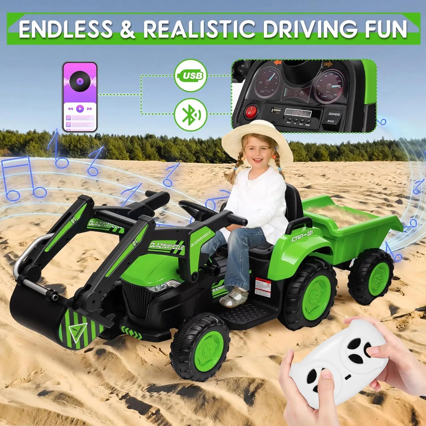 Twelvevolt 3 In 1 Kids Ride On Excavator Tractor Trailer