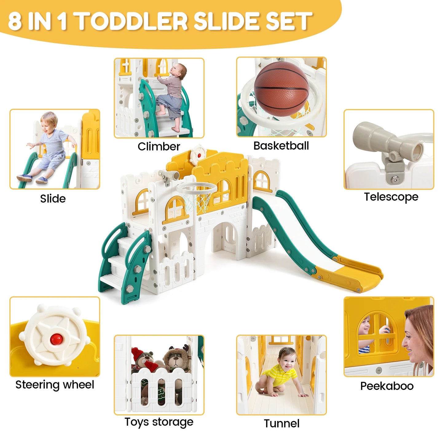 8 In 1 Toddler Slide Indoor Playground With Climber