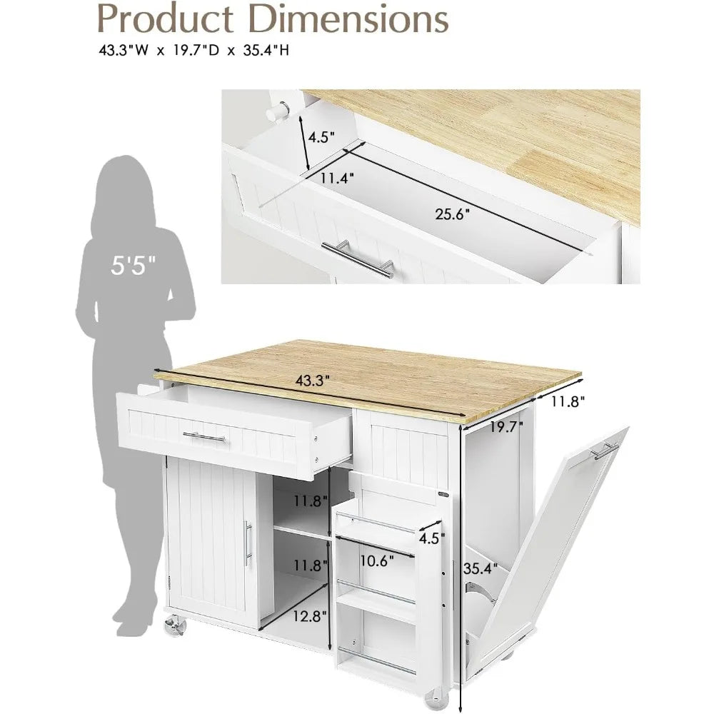 RBXC Kitchen Island With Storage On Wheels And Drop Leaf