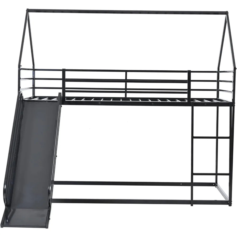 Twin Over Twin Metal Bunk Bed With Slide And Guardrail