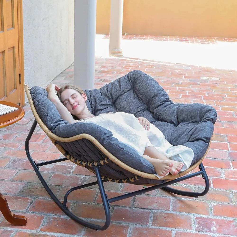 HUANZHUANG Outdoor Papasan Rocking Chair Wicker Lounge Patio